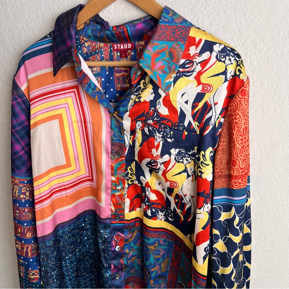 STAUD Martha Patchwork Satin Tunic Blouse L Colorblock Boho Top - Picture 8 of 13